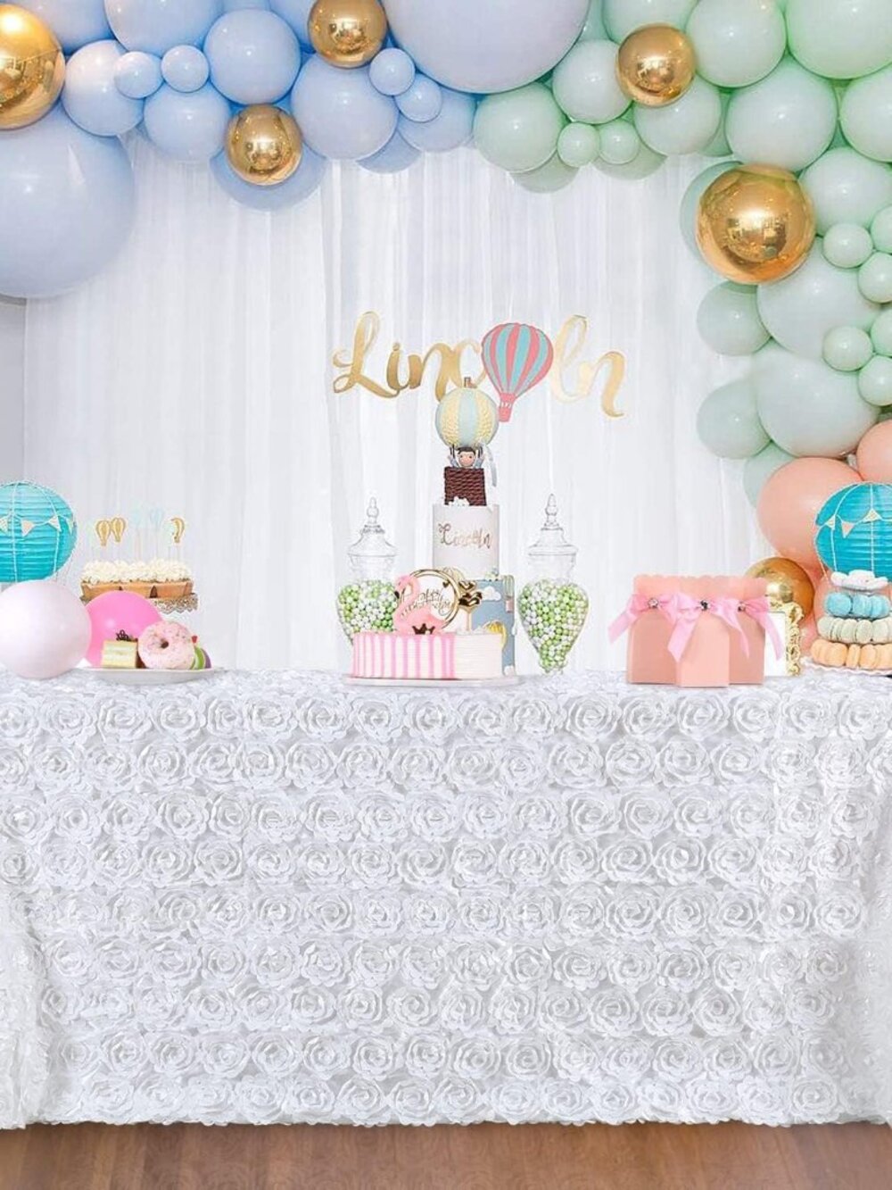 White Rosette Tablecloth 60 x102 Inch Floral Wedding Table Overlay